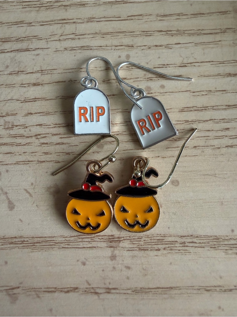 Halloween Pumpkin & RIP Tombstone Dangle Earrings - Orange & Silver
